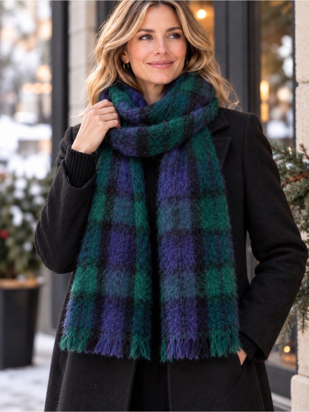 Mohair Plaid Fringe Scarf Mohair Wool Blend Green Purple Black Cozy